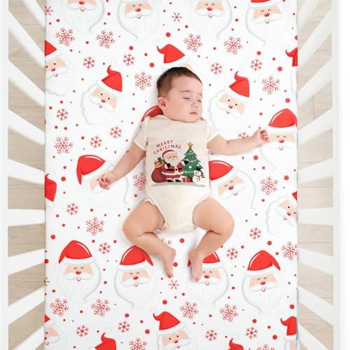 JISEN Christmas Crib Sheet Santa Claus Fitted Cot Sheet for Boys Girls Baby Bed Mattress Cover for Standard Crib and Toddler Mattress 60x120cm to 70x132cm