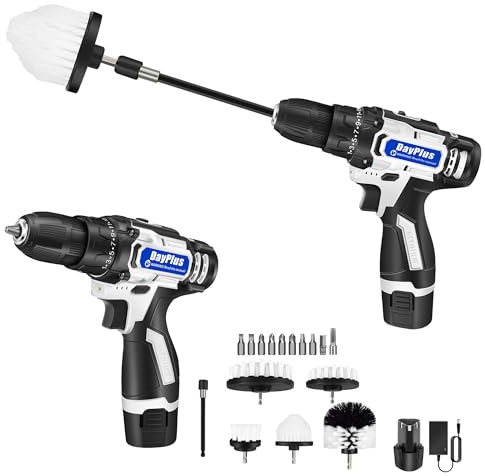 ANSIMIDA 2 in 1 Electric Drill Set, Cordless Cleaning Brush with 5 Replacement Drill Brush, 12V 1.5Ah Battery, Built-in LED, 2 Variable Speed, for DIY Projects, Cleaning