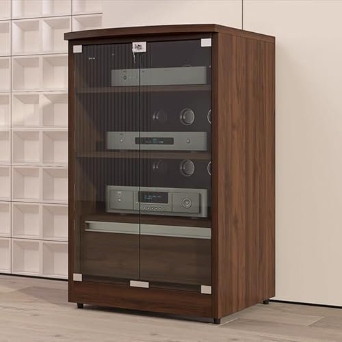 GUAWJRZDP 2/3-stufiger Hi Fi Regal Mit Verstellbaren Regalen, Phonoschrank Mit Schublade, Audio Rack Hi Fi Regal Mit Klappdeckel, Plattenspieler Regal mit Glastüren(Walnut,3-Tier)