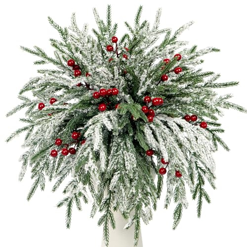 20 branches de pin artificielles Snowy Norfolk avec 10 tiges de baies, 38 cm - Branches de pin Norfolk artificielles au toucher réel - Feuilles de verdure givrées pour couronne de Noël, remplissage de