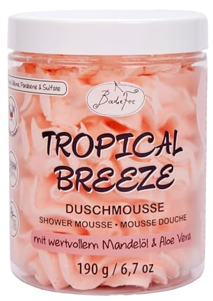 BadeFee Mousse de douche Tropical Breeze 190 g - Soin hydratant à l'huile d'amande et à l'aloe vera - Végétalien et cosmétique naturel - Sans parabène ni silicone - Parfum pamplemousse - Fabriqué à la