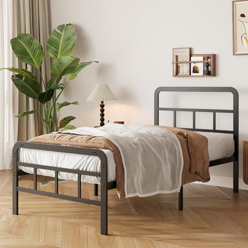 Yicensen Einzelbett 90 x 200 cm mit Kopf und Fußteil, 36 Hoch Bettgestell | Robuste Metallleisten, Stabile Unterstützung, Minimalistisches Design, Geräuschlos, Einfache Montage, Schwarz