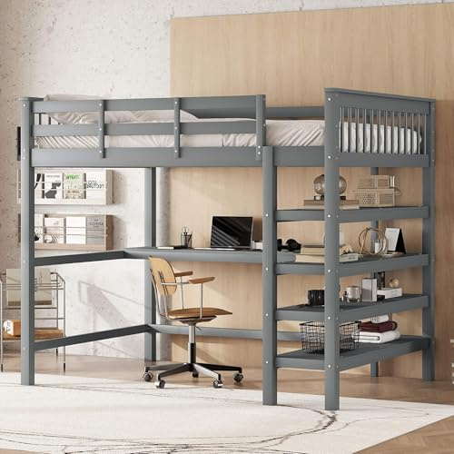 MQGPM Hochbett Holzbett 140x200 cm mit Schreibtisch und Lattenrost, Einzelbett Multifunktionsbett mit Ablagefächern und Rausfallschutz, Bett für Kinder und Jugendliche, Ohne Matratze, Grau