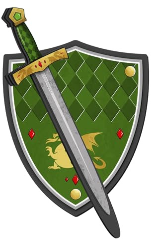 Spada e Scudo Cavaliere in in Gomma Eva a Mano - Giocattolo per Bambino, Bambina e Bambini - Complemento, Giochi Imitazione, Costume, Medievale, Guerriero, Festa Tema, Medioevo (Verde classico)
