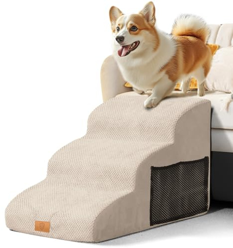 Masthome Scaletta per Cani a 3 Gradini,Scalini Antiscivolo per Gatti per Divano e Letto,Scala per Cani in Spugna per Letto,con Fodera Rimovibile e Lavabile,per divani,Letti e Sedie, Beige