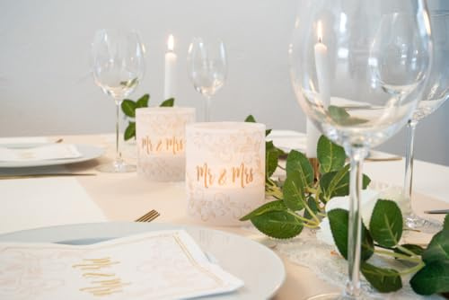 Sovie HORECA Windlicht-Banderole „Mr & Mrs“ – 12 Stück – romantische Banderolen für Kerzengläser, stilvolle Tischdeko für Hochzeit, Feier, Event – einfache Anwendung & edles Design