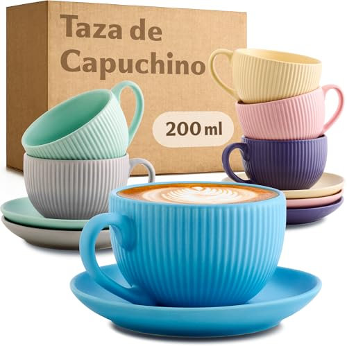 Cosumy Tazze Cappuccino con Piattino 200ml - 6 Tazzi Pastello con Manico - Esclusivo disegno a strisce - Ceramica Opaca - Lavabili in Lavastoviglie