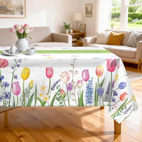 Arquiel Polyester Tischdecke mit Tulpe Blumen, Waschbar, 140 x 180 cm | Wiederverwendbare, Waschbare Polyester Tischdecke mit Ostern Floralemuster für Küche, Esszimmer und Festliche Tischdekoration