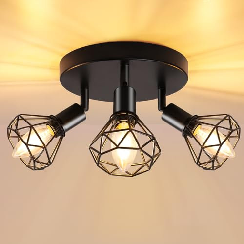 GeyouLux Kitchen Black Spot Light Ceiling, 3 Way Industrial Adjustable Spotlights Adjustable 350° Ceiling Lights Wire Cage with E14 Base(No Bulb), Light Fittings for Kitchen Living Room Hallway
