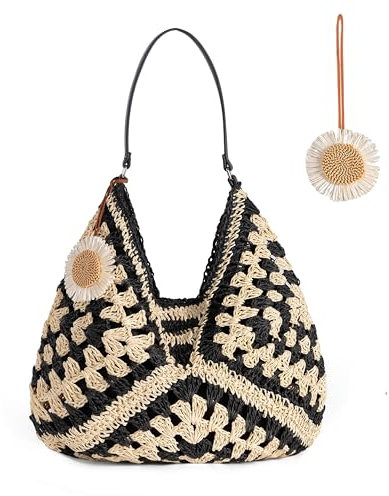 boshiho Stroh Strandtasche klein Damen - Korbtasche Geflochten mit leder, 2025 Boho Basttasche Netz Shopper für Reisen&Urlau