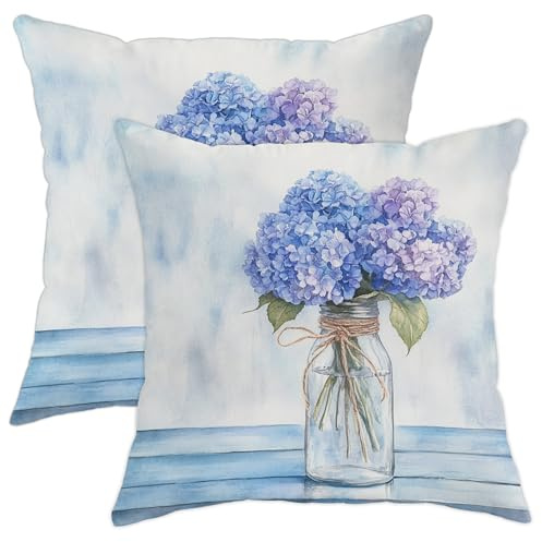 Set di 2 federe per cuscini con ortensia, decorazione floreale blu, viola, per casa, divano, letto, 50 x 50 cm