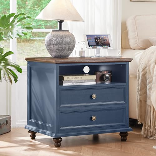 Joaxswe 24 Wide Farmhouse Nightstand with Charging Station, End Table with 2 Drawers, Blue Wood Dresser for Bedroom Cabinet, Bed Side Table Chest of Drawers, Night Stand for Living Room, Closet