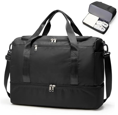 SEAFEW Groß Reisetasche Damen Handgepäck Tasche Sporttasche 50L | Weekender Duffle Bag leicht wasserdicht mit Schuhfach Fitnesstasche für Reise und Gym, Kliniktasche für Geburt,Schwarz