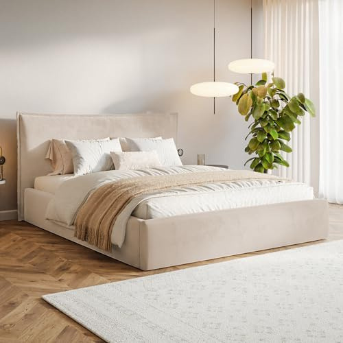 MOTIVENA Leno Bett 160x200 Beige Samt, mit Stauraum, mit Kopfteil, mit Lattenrost, ohne Füße, ohne Matratze, Polsterbett 160x200 mit Bettkasten Beige (Creme)