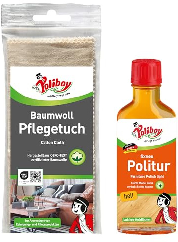 POLIBOY fixneu Politur hell - Holzpflege für helle lackierte Holzmöbel - Möbelpolitur zur Farbauffrischung & Schutz - 1x 100 ml - inkl. Baumwolltuch zur Anwendung - Made in Germany