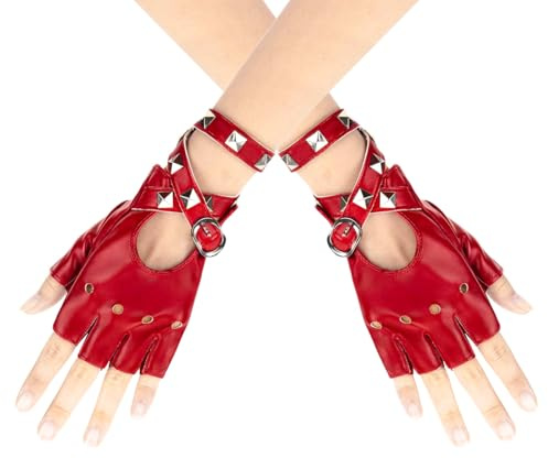 Orivin 1 Par De Guantes Con Remaches De Medio Dedo, Sin Dedos, De Cuero, Para Mujeres Y Niñas, Para Baile, Hip Hop, Actuaciones, Pole Dance, Cosplay Y Fiestas, Color Rojo.
