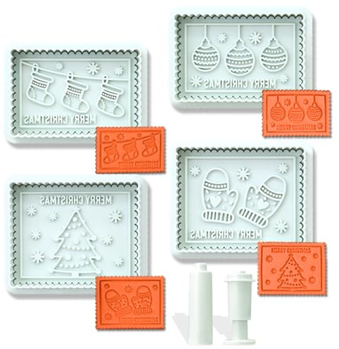4-Piece 3D Merry Christmas Biscuit Cutter and Stamp Set, Plastic | Pressable stamps create detailed embossed designs; ideal for biscuits, fondant and party treats