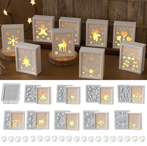 Silikonformen Gießformen Weihnachten, 10 Stück Silikonform Weihnachten Geschenkbox mit 20 LED Ballonlichter Gießform Weihnachten mit Elch Baum Gips zum Gießen Gießformen Silikon Geldgeschenke (A)