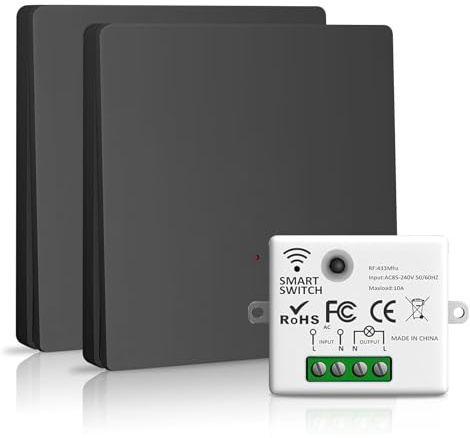 Interrupteur sans fil (noir) - Interrupteur sans fil avec interrupteur mural - Interrupteur sans fil et récepteur radio 2200 W/10 A - Interrupteur intelligent 2,4 G - 230 V