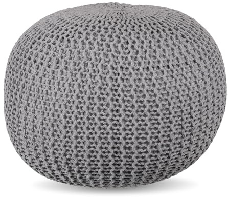 Relaxdays Pouf, gestrickt, HxD: 33 x 46 cm, Polystyrol-Füllung, rundes Bodensitzkissen, Boho Hocker, Sitzpouf, hellgrau
