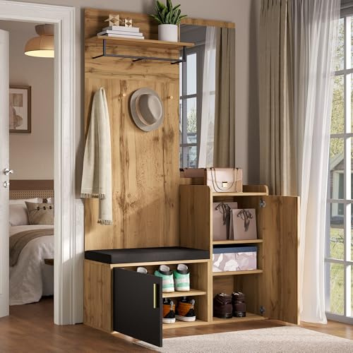 Oslghy Garderobenset Wandgarderobe mit Spiegel & Schuhbank, Schuhschrank Garderoben Set mit Kleiderhaken, Türen & Offener Stauraum, Garderobenständer, Modern Flurgarderobe in Holzoptik, 100×38×185cm