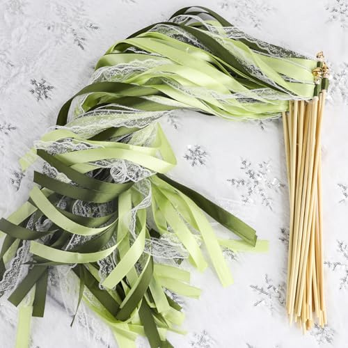 Baguettes de Mariage 50 Pièces Baguettes Ruban Banderoles avec Grand Cloches,Bâtons de Ruban pour Mariage,Wedding Wands pour Fête de Mariage Anniversaires,Fête d'anniversaire (50 Pcs Vert)