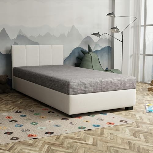 TAPCZANY24 - Boxspringbett Adel 100x200 cm mit Schaumstoff Matratze | Bett mit Matratze, Polsterbett mit Bettkasten, Gepolstertes Einzel Bett, Schlafsofa - Grau und Weiß