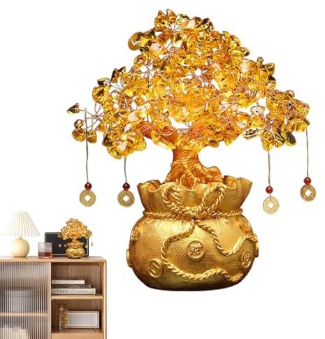 Árbol De Dinero Citrino – Bonsai De Seven by Fifteen Centimeter, Ornamento Dorado De Prosperidad E, Exposición Tradicional, Acento Decorativo Brillante De Mesa