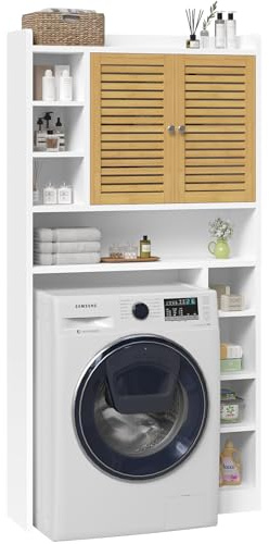 FORABAMB Waschmaschinenschrank mit 2 Bambustüren，Waschmaschinenregal mit Verstellbare Ablagen & 8 offene Fächer, Toilettenschrank, Badezimmerregal über Waschmaschine/Toilette, 82 x 20x 173 cm, Weiß