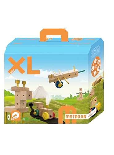 Matador XL Kinder Baukasten ab 3 Jahren 350-tlg. - Spannendes Holz Konstruktionsspielzeug zur Schulung von Kreativität und Feinmotorik, Bauspielzeug mit Stäbchen, Klötzen, Hammer & Zange