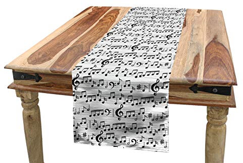 ABAKUHAUS Musik Tischläufer, Abstraktes Ikonen-Notenblatt, Esszimmer Küche Rechteckiger Dekorativer Tischläufer, 40 x 180 cm, Weiß Schwarz