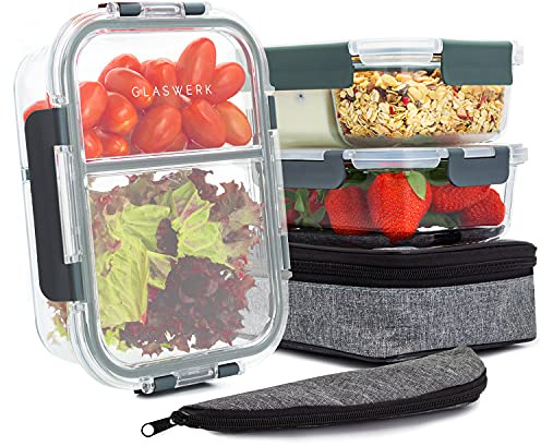 GLASWERK Hopewell - Fiambreras herméticas, Volumen 1040 ml, Con compartimentos, Libres de BPA, Tapas con anillo de sellado extraíble, 4 cierres bisagra, Aptas lavavajillas, Juego de 3 unidades