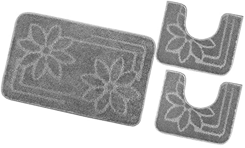emmevi Tappeto Bagno Parure Fiori Morbido Antiscivolo Assorbente Lavabile MOD.Moorea 6 Set 3 Pezzi Grigio