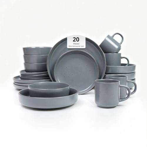 Home VSS Juego de vajilla de porcelana de 20 piezas, colección de vajilla nórdica con borde elevado con platos y cuencos para 4 personas, gris mate con puntos moteados
