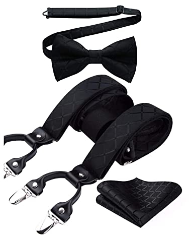 HISDERN Hosenträger Schwarz Herren Fliege und Hosenträger Set Herren Kariert Hochzeit 3.5CM Breit Klassische Verstellbar Y Form Elastisch Mit 6 Extra Stark Clips Braces