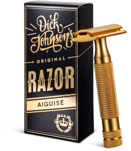 Dick Johnson Rasierhobel Gold – Rasierer für Männer für präzise Nassrasur & Bartpflege – Geschlossener Kamm für hautnahe Rasur ohne Plastik – Langlebiger Hobel für Gesicht & Körper – Made in Finnland