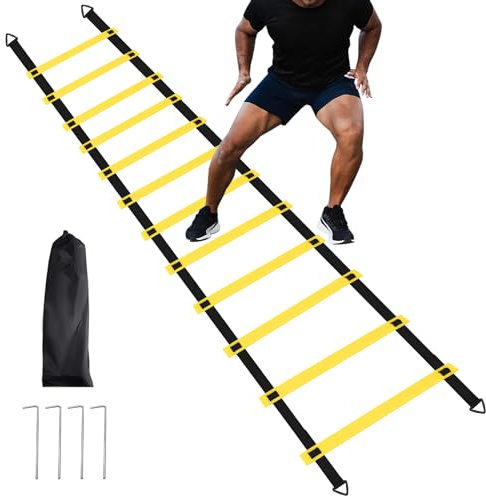 Agility-Leiter-Set, 1/2/4er-Pack, 8 Sprossen/12 Sprossen, Koordinationsleiter-Set, Geschwindigkeitstrainingsleiter mit Stahlpfähle und Tragetasche für Fußball, Speed-Fitness-Fußtraining (1 Packung, 12