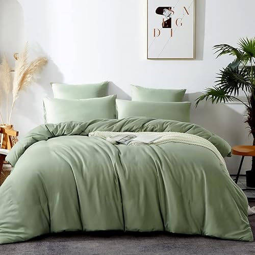 Omela Bettwäsche 135x200 Grün Salbeigrün 2 Teilig Microfaser Unifarben Bettbezug Weich und Bequem Bettwäsche Set Reißverschluss - 135 x 200 + 80 x 80 cm
