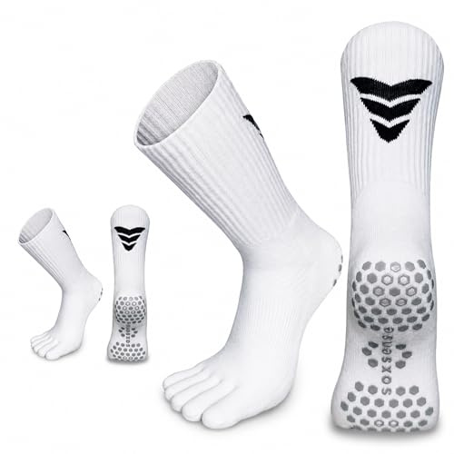 Soxsense Soccer Grip Toe Socks for Sports & Pilates, Crew White, Large