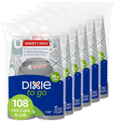 Dixie To Go Paper Coffee Cups With Lids, 16 oz, 108 Count (6 packs of 18 cups), Disposable Insulated Paper Cups for On-The-Go Hot or Cold Beverages