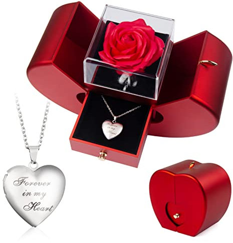 SOVIUPRZ Preserved Rose in A Box Forever Red Roses Heart Box to My Love Eternal Flower Box for Her Girlfriend Wife Mom with Custom Photo Necklace Cherish These