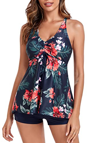 FLYILY Womens Print Strappy Tankini Sets Tummy Control Bathing Suits Cross Back Tankini Top(OrangeFlower,XXL)