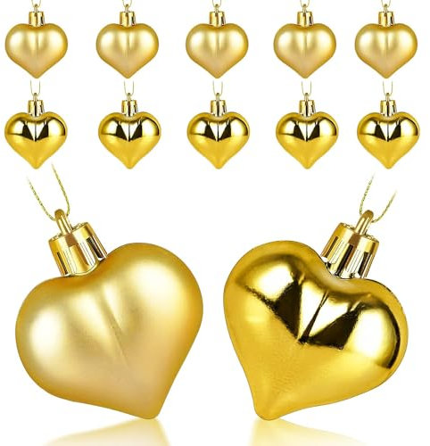 12 Pieces Gold Heart Baubles Shiny and Matte for Christmas Tree Decorations - 4.5CM Shaped Ornaments, Hanging Pendants