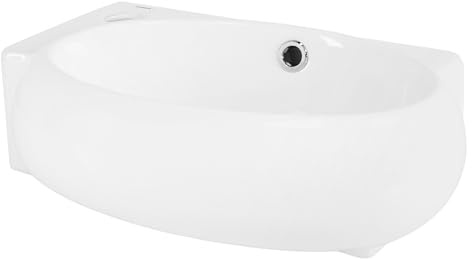 ML-Design Lavabo Blanco Ovalado para Esquina 430 x 280 x 150 mm Lavamanos Angular de Cerámica sobre Encimera o de Pared con Agujero para Grifo a la Izquierda, Pila Pequeña para Cuarto de Baño o Aseo