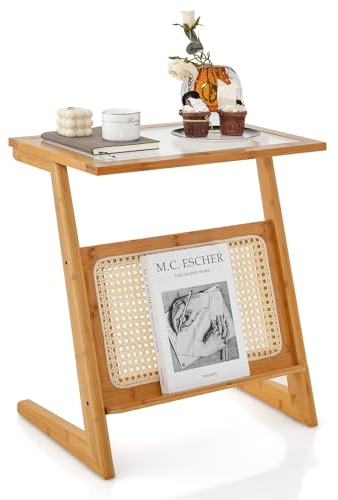 COSTWAY Bambus Beistelltisch, Z-förmiger Couchtisch mit Rattan Zeitschriftenhalter & Glasplatte, Sofatisch für Schlafzimmer, Wohnzimmer, 51,5 x 37 x 58 cm, Natur