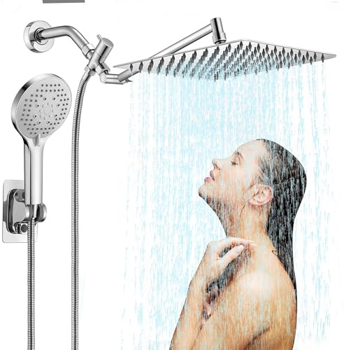 Shower Head,10 Rain Shower Head with Handheld Spray Combo with 11'' Angle Adjustable Extension Arm/High Pressure/Shower System/Square Rainfall Showerhead Bathroom,Chrome