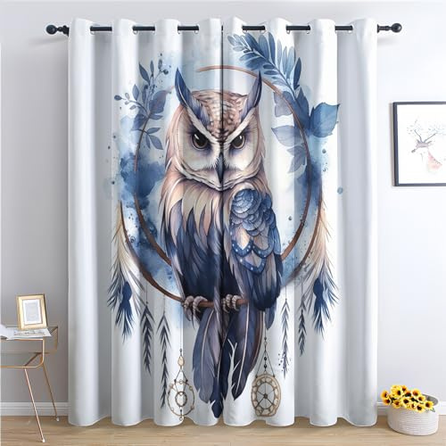 THYUNQ Vorhänge Traumfänger Eule Motiv, Vorhang Blickdicht Verdunklungsvorhänge Thermovorhang mit Ösen, Gardinen Wohnzimmer Schlafzimmer Fenster, 2er Set Curtains, H 245 x B 140 cm