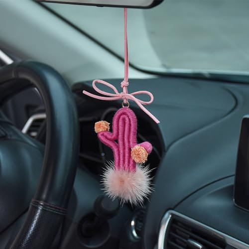 AuMoHall Häkeln Kaktus Auto Rückspiegel Anhänger Fuzzy Pflanzen Auto Charm Hängende Ornament für Auto Innendekoration Rosa