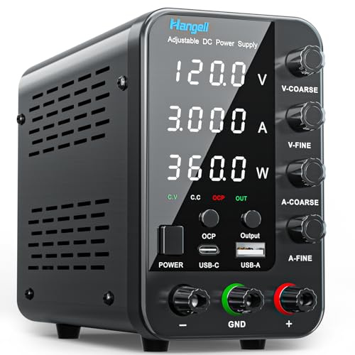Fuente de alimentación CC variable, fuente de alimentación de banco de 120 V 3 A con codificador perilla de ajuste grueso y fino, fuente de alimentación de laboratorio regulada con 5 V 3.6 A USB y