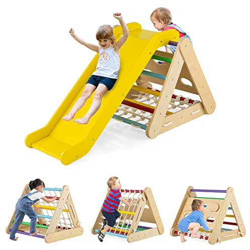 GOPLUS 3 in 1 Kletterdreieck mit Rutsche, Klettergerüst mit Leiter & Netz & Brett für Kinder, Indoor Holzspielzeug für Kleinkinder ab 1 Jahren, Triangle Gym mit Rampe für Kinderzimmer (Bunt)